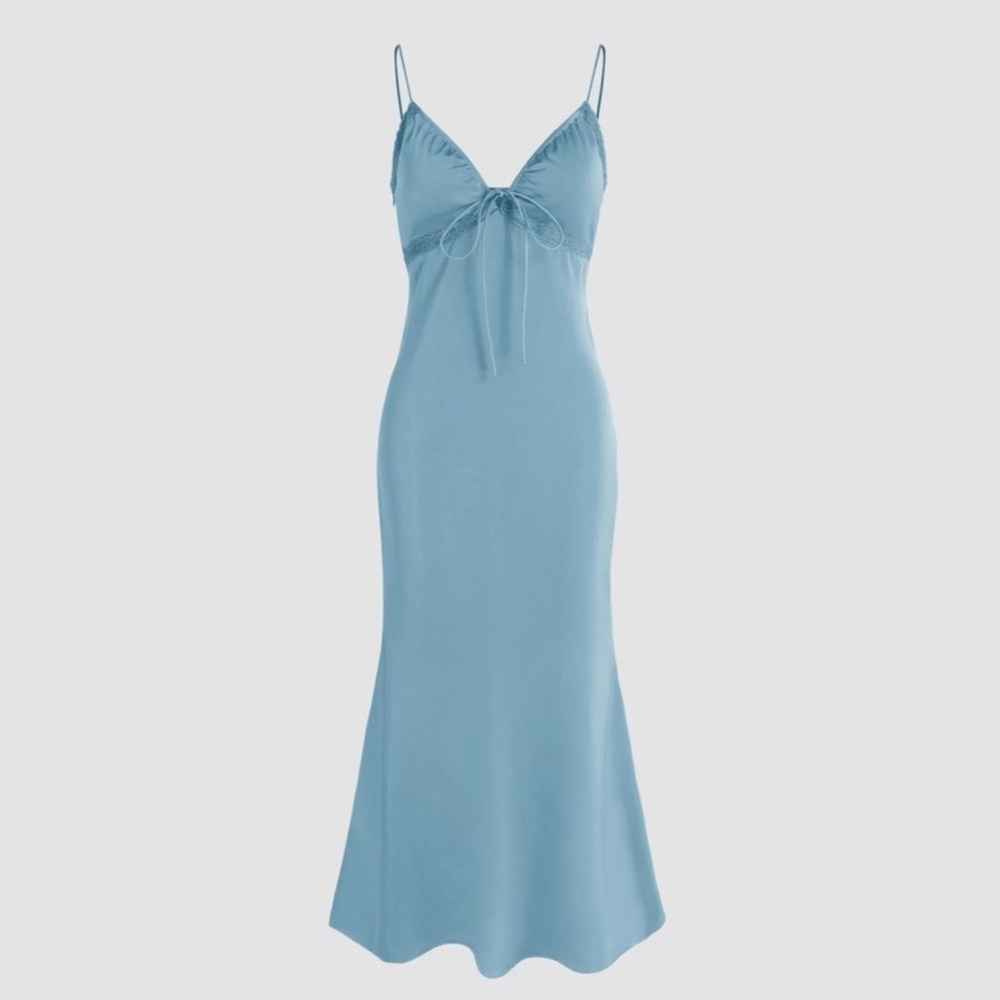 CIDER SATIN KNOTTED SHIRRED MERMAID MIDI DRESS